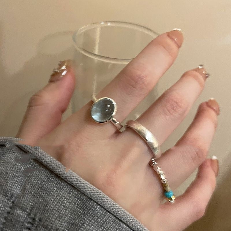 Womens Open Ring With Natural Stone And Tiny Silver Beads